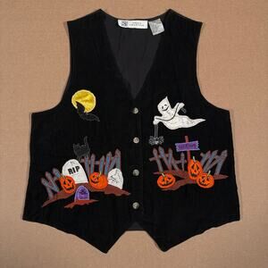 Vintage Halloween Vest Ghost Pumpkin Tombstone Embroidered Black Corduroy Size M